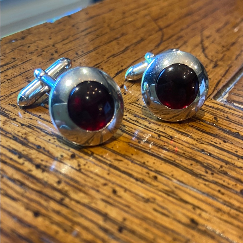 Vintage SWANK Silver and Red Cuff Links with Polished Finish